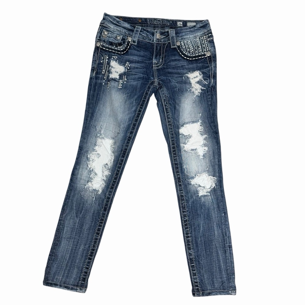 Miss Me Jeans Womens 26 Skinny Distressed Rhinestone Embellished Dark Wash